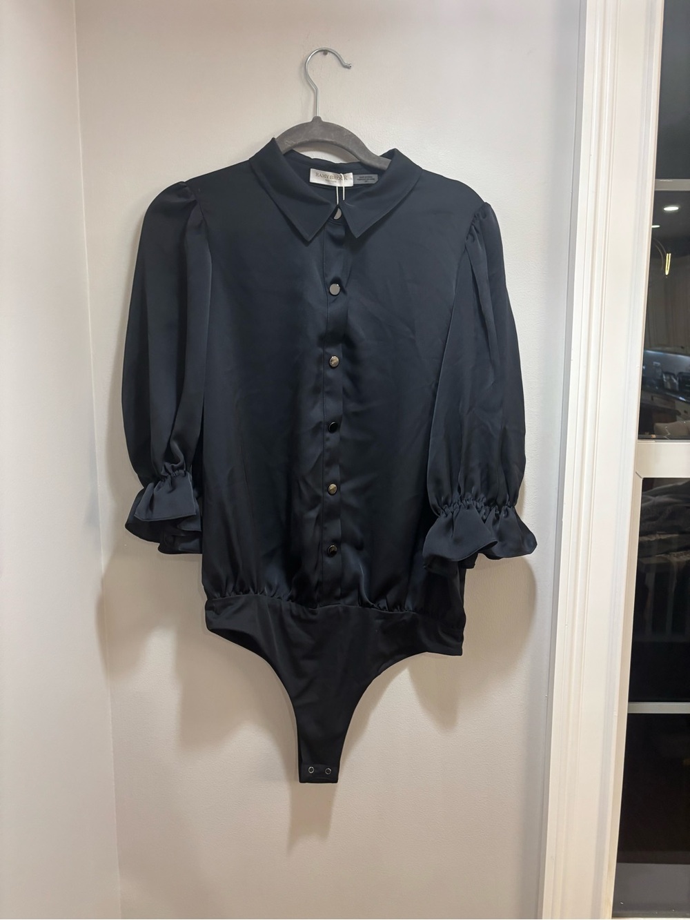 Ramy Brook Black Satin Puff-Sleeve Button Bodysuit Blouse